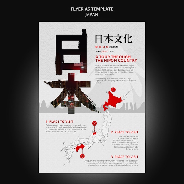 Modèle de flyer vertical de destination de voyage au japon avec symboles japonais