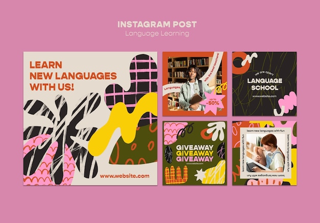 PSD gratuit modèle instagram de langue d'apprentissage coloré