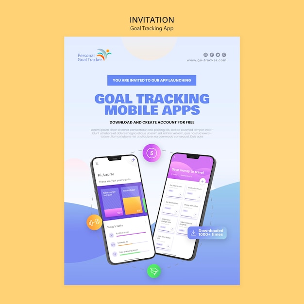 PSD gratuit modèle d'invitation à l'application de suivi des objectifs