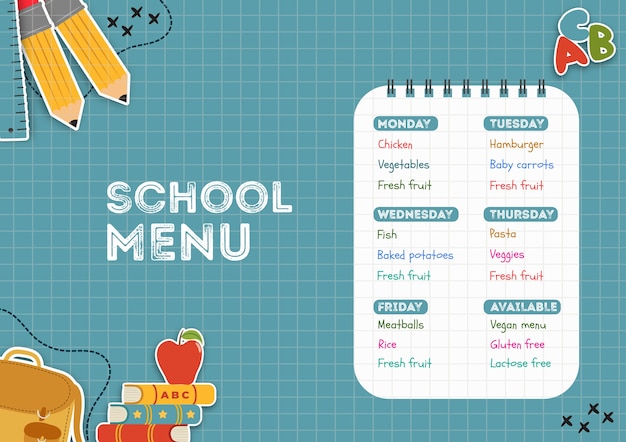 PSD gratuit modèle de menu de cantine scolaire