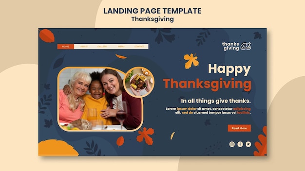 Modèle de page de destination du jour de Thanksgiving avec des feuilles