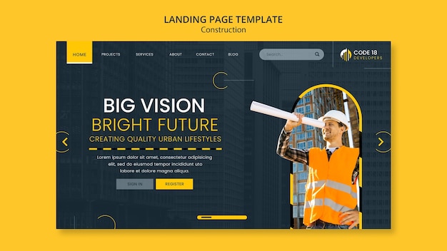 PSD gratuit modèle de page de destination de projet de construction