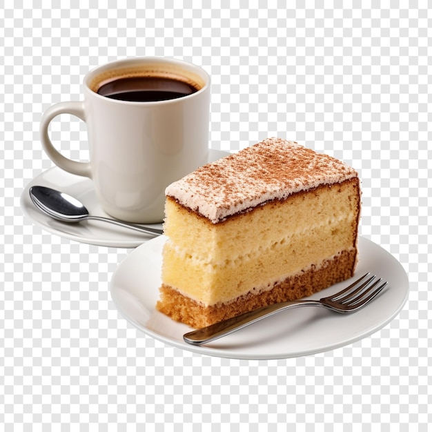 PSD gratuit un morceau de gâteau éponge avec une tasse de café isolé sur fond transparent