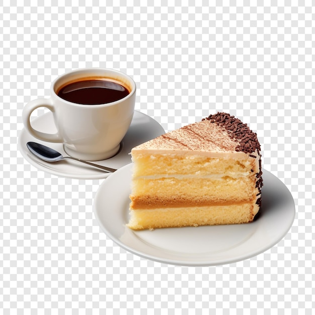 PSD gratuit un morceau de gâteau éponge avec une tasse de café isolé sur fond transparent