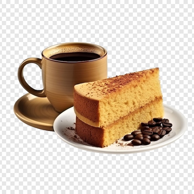 PSD gratuit un morceau de gâteau éponge avec une tasse de café isolé sur fond transparent