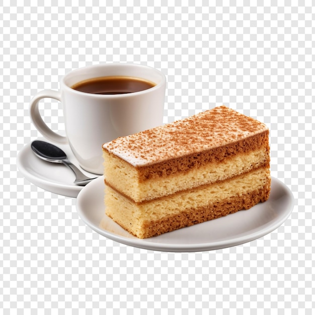 PSD gratuit un morceau de gâteau éponge avec une tasse de café isolé sur fond transparent