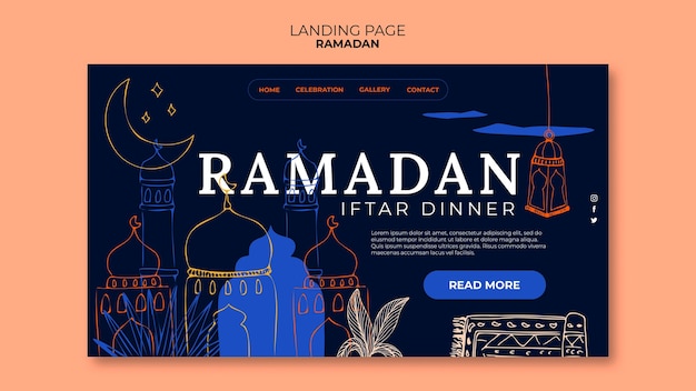 PSD gratuit page de destination de la célébration du ramadan dessinée à la main