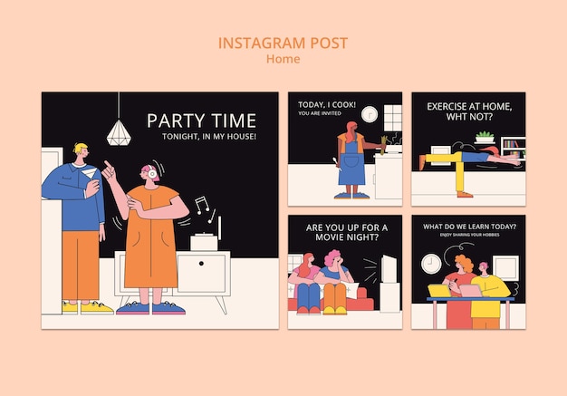 PSD gratuit passe-temps dessiné à la main à la maison ensemble de publications instagram