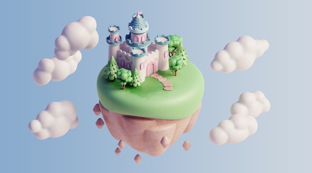 PSD gratuit paysage flottant 3d avec des éléments de la nature et des nuages