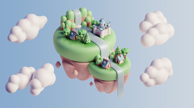 PSD gratuit paysage flottant 3d avec des éléments de la nature et des nuages