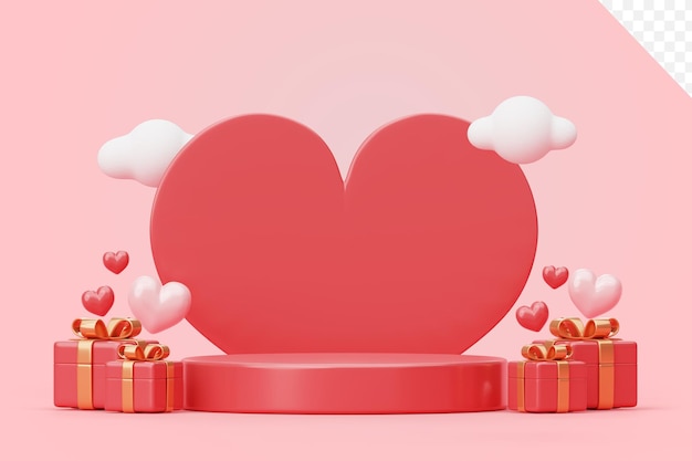 PSD gratuit podium rose de luxe de vente de saint valentin avec coeur et fond de boîte cadeau illustration 3d présentation de scène d'affichage vide pour le placement de produit