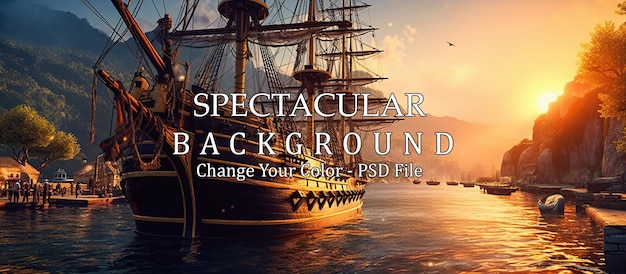 PSD gratuit port pirate surplombant un vieux voilier ia générative