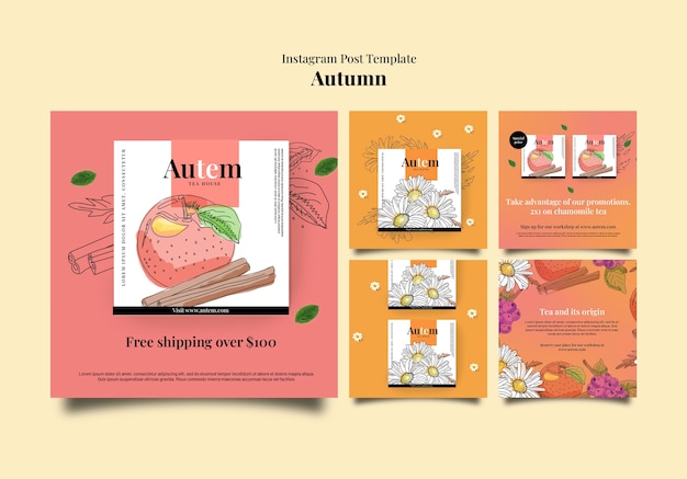 PSD gratuit posts instagram de la saison d'automne dessinés à la main