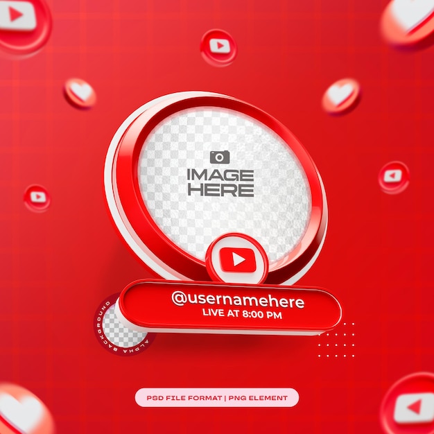 PSD gratuit profile de médias sociaux rond cadre 3d pour youtube objet 3d isolé