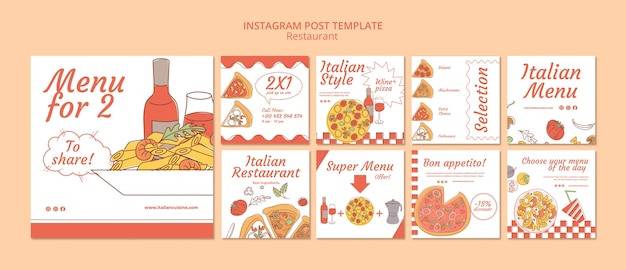 PSD gratuit publication instagram de restaurant de plats délicieux dessinés à la main