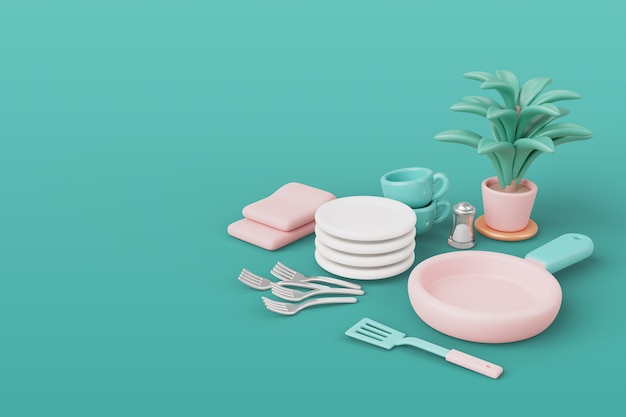 Rendering 3D d'outils de cuisine nature morte