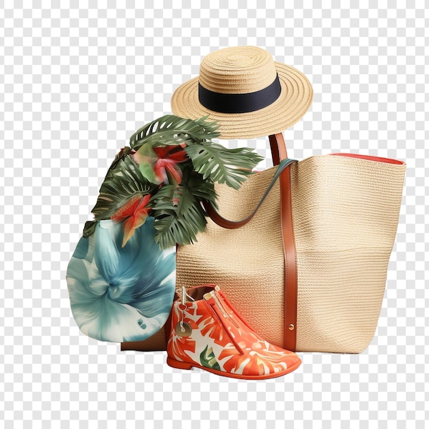 PSD gratuit sac de plage chic avec des accessoires isolés sur un fond transparent