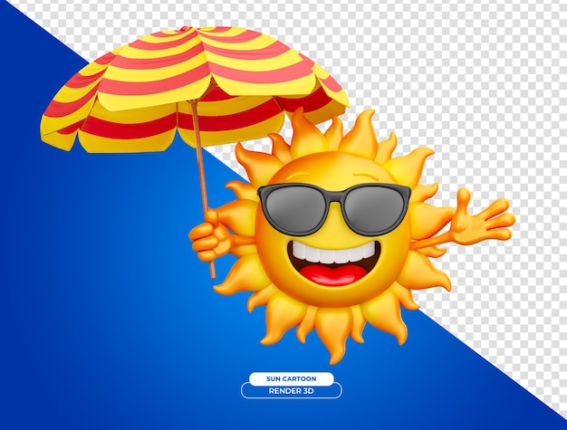 PSD gratuit soleil joyeux avec des lunettes de soleil tenant un parapluie en dessin animé 3d avec fond transparent