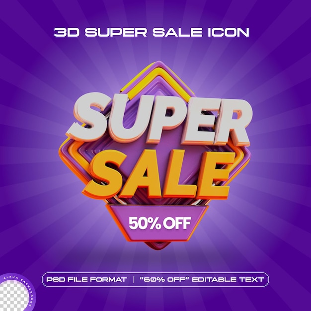 PSD gratuit super vente 50 off bannière de promotion 3d avec texte modifiable