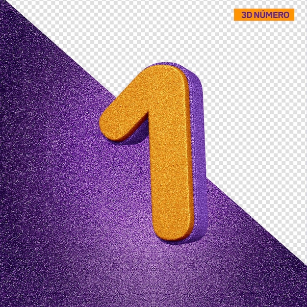 PSD grátis alfabeto 3d número 1 com textura de glitter laranja e violeta