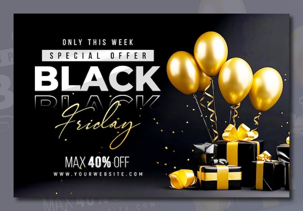 PSD grátis black friday sale banner template com presentes 3d e balões