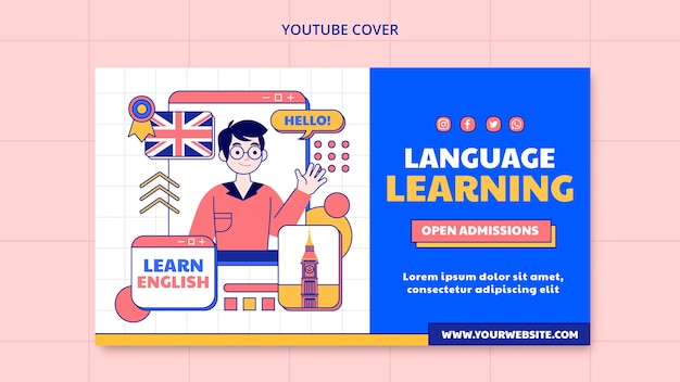 Capa do youtube de aprendizado de idiomas de design plano