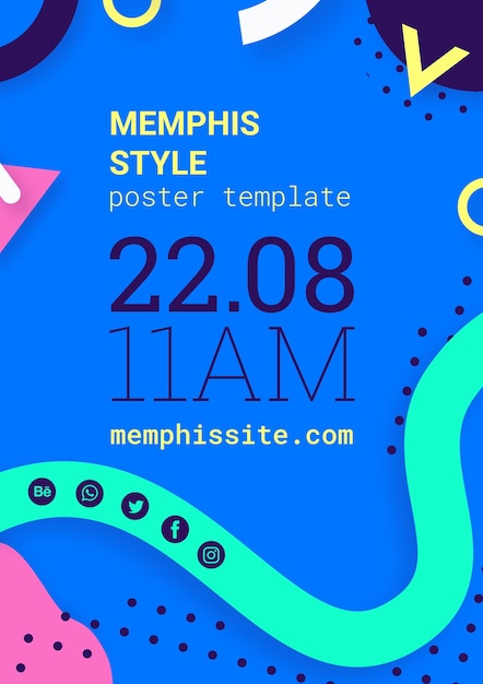 PSD grátis cartaz de estilo memphis azul plana