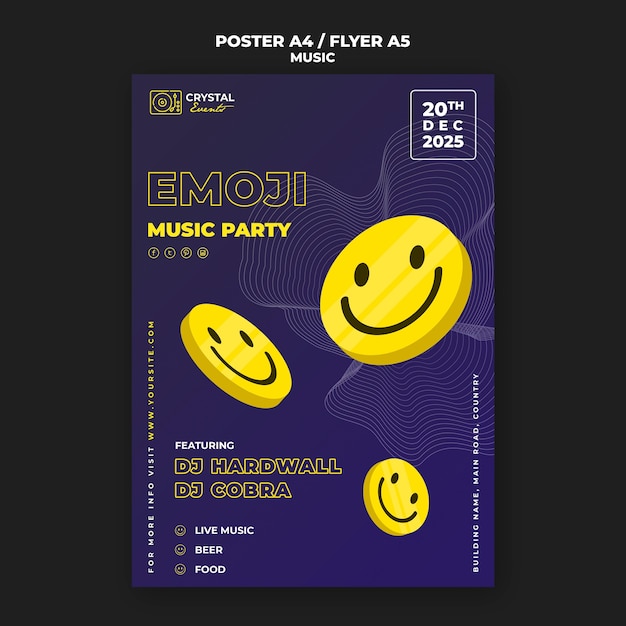 Cartaz de festa musical emoji e design de modelo de folheto