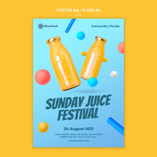 PSD grátis cartaz vertical para refrescante suco de laranja em garrafas de vidro