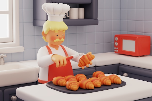 PSD grátis chef de pastelaria preparando croissants na cozinha