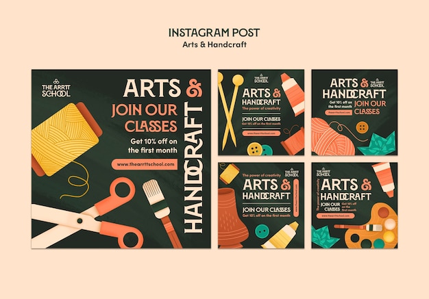 PSD grátis coleção de postagens do instagram para aulas de artes e ofícios