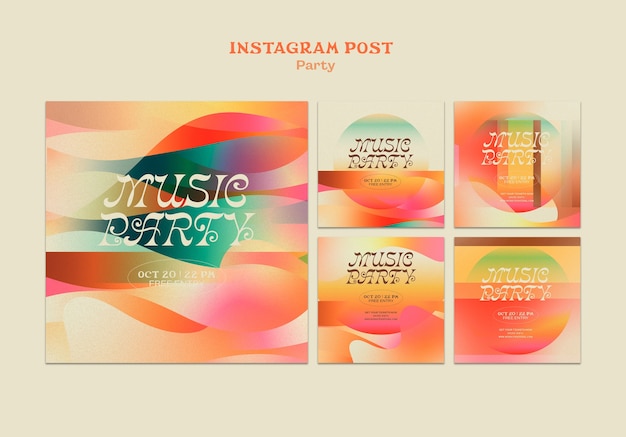 PSD grátis conjunto de postagens do instagram de festa de música gradiente