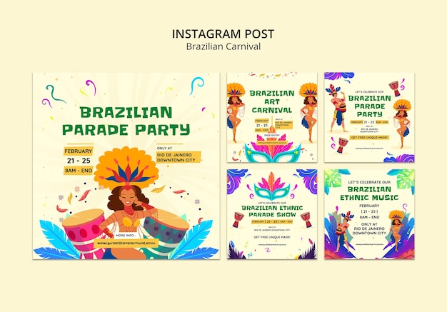 PSD grátis conjunto de postagens do instagram do carnaval brasileiro