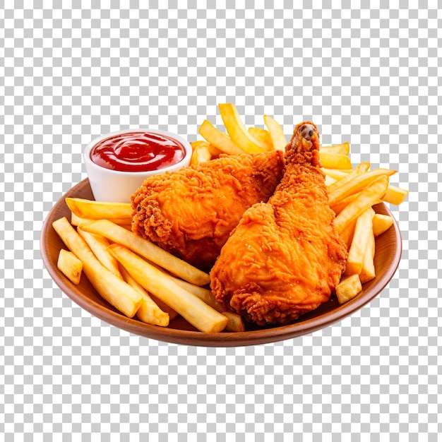 PSD grátis delicioso frango frito com batatas fritas isoladas em um fundo transparente