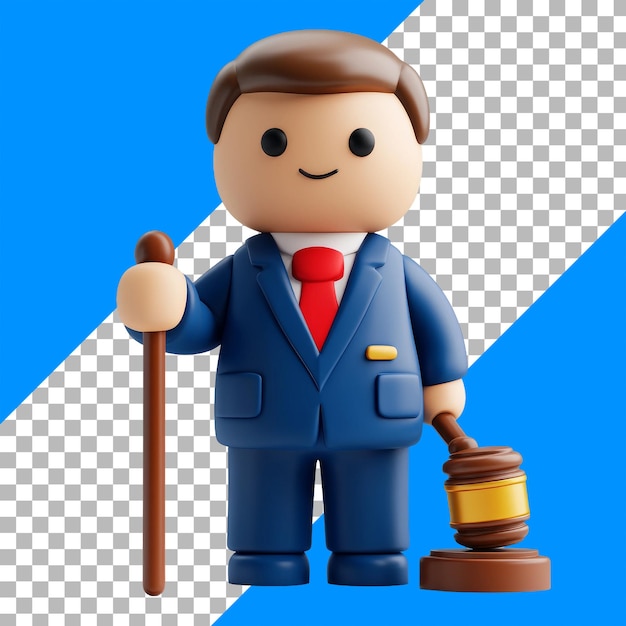 PSD grátis figura de juiz de brinquedo em terno azul com martelo em fundo azul e transparente