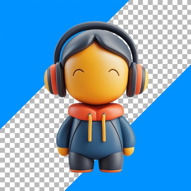 PSD grátis figurina bonita renderizada em 3d com fones de ouvido e capuz de cores brilhantes