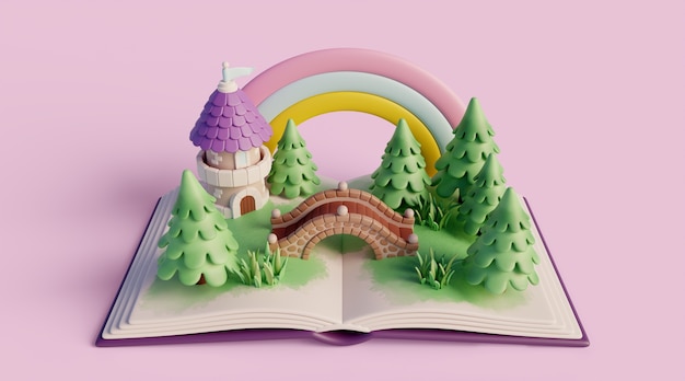 PSD grátis fundo 3d com livro infantil de leitura de conto de fadas