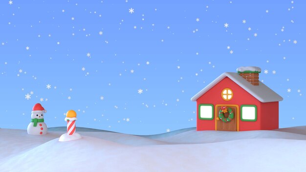 Fundo 3d de Natal com casa na neve e boneco de neve