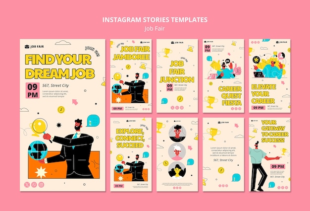 PSD grátis histórias de instagram da feira de empregos de design plano