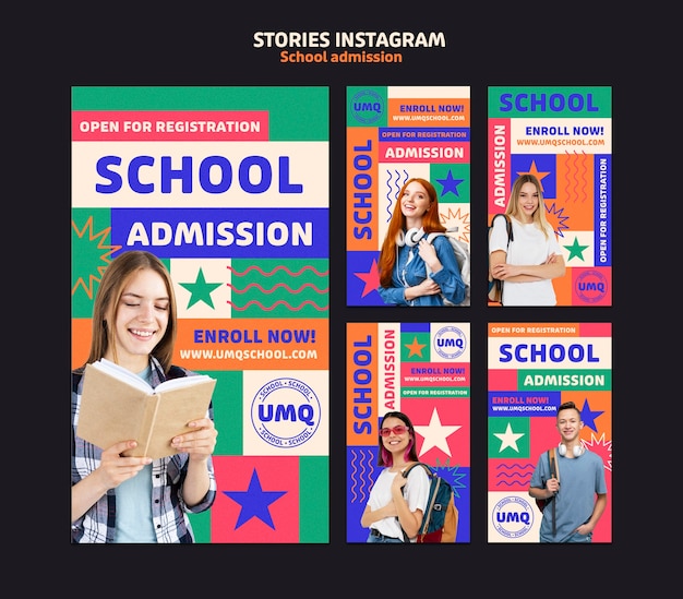 PSD grátis histórias do instagram de admissão escolar de design plano