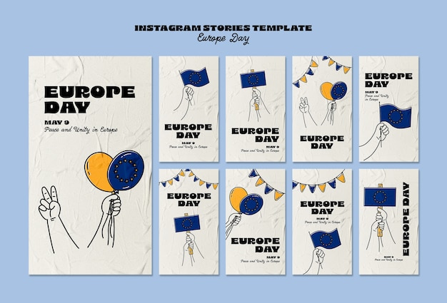 PSD grátis histórias do instagram do dia da europa desenhadas à mão