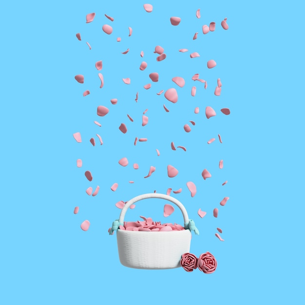 Ilustração 3D de casamento de cesta de pétalas de flores