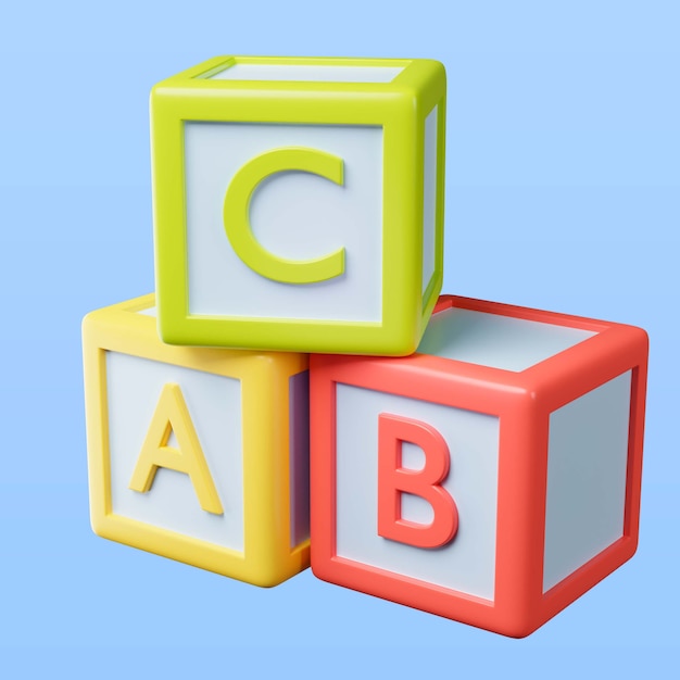 ilustração 3D de cubos de brinquedo infantil com letras