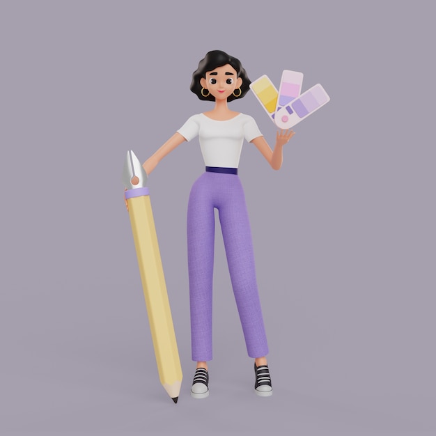 PSD grátis ilustração 3d do personagem de designer gráfico feminino segurando paletas de lápis e cores