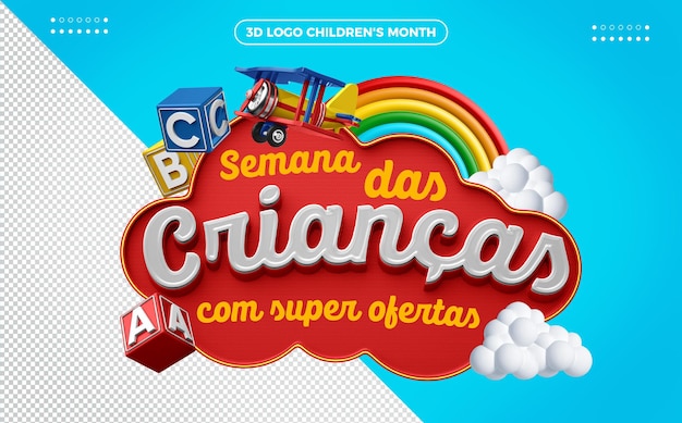 PSD grátis logo 3d renderiza a semana das crianças com super ofertas