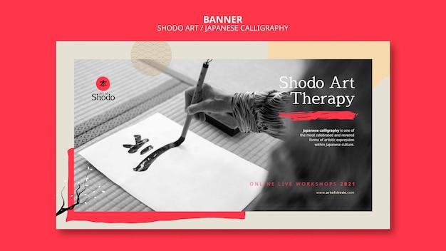 PSD grátis modelo de banner horizontal com mulher praticando arte shodo japonesa