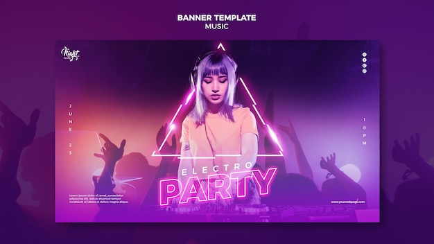 PSD grátis modelo de banner horizontal de néon para música eletrônica com dj feminina