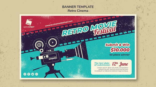 PSD grátis modelo de banner horizontal para cinema retrô