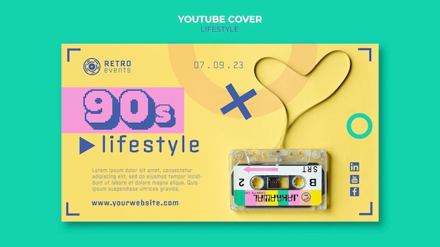 PSD grátis modelo de capa do youtube de festa dos anos 90 de design plano