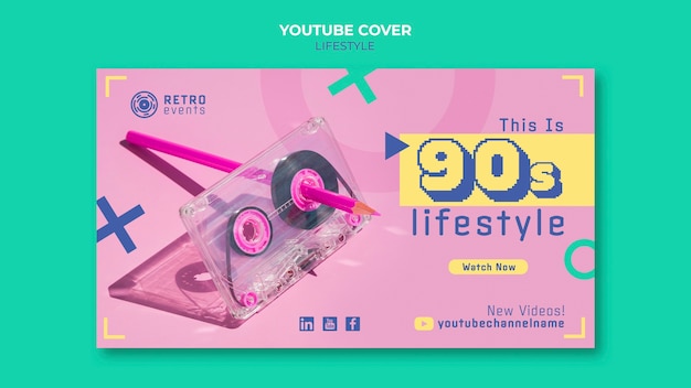 PSD grátis modelo de capa do youtube de festa dos anos 90 de design plano